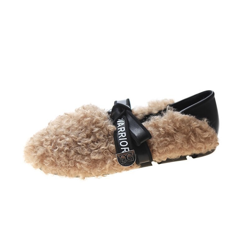 Bont Vrouwen Voor Schoenen Pluche Warm Houden Platte Schoenen Vrouwen Casual Gesp Loafers Bont Schoenen Vrouw Zapatos De Mujer Dames katoenen Schoenen: Khaki / 38