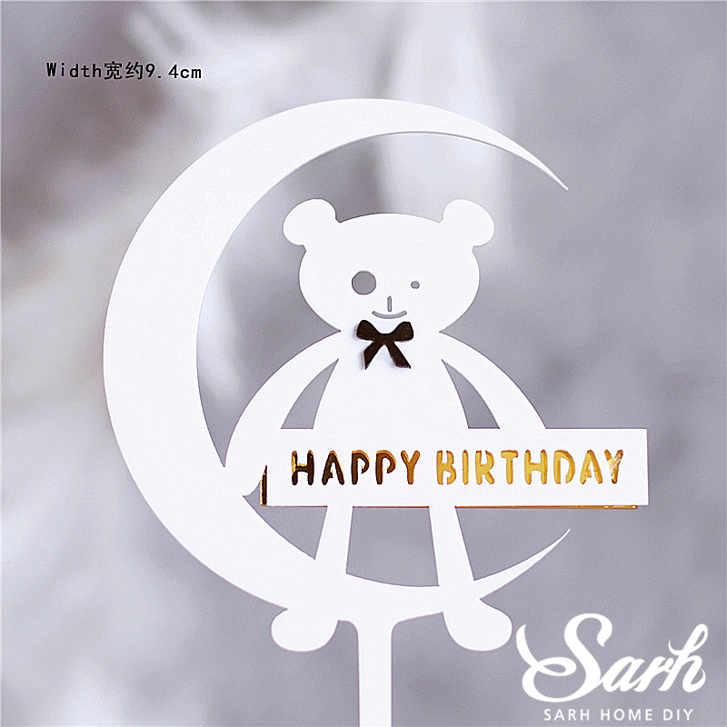 Moon Bow Tie Bear Cake Topper Pink White Crown Bear Decorations Happy Birthday Party for Wedding Baking Supplies Kid Love