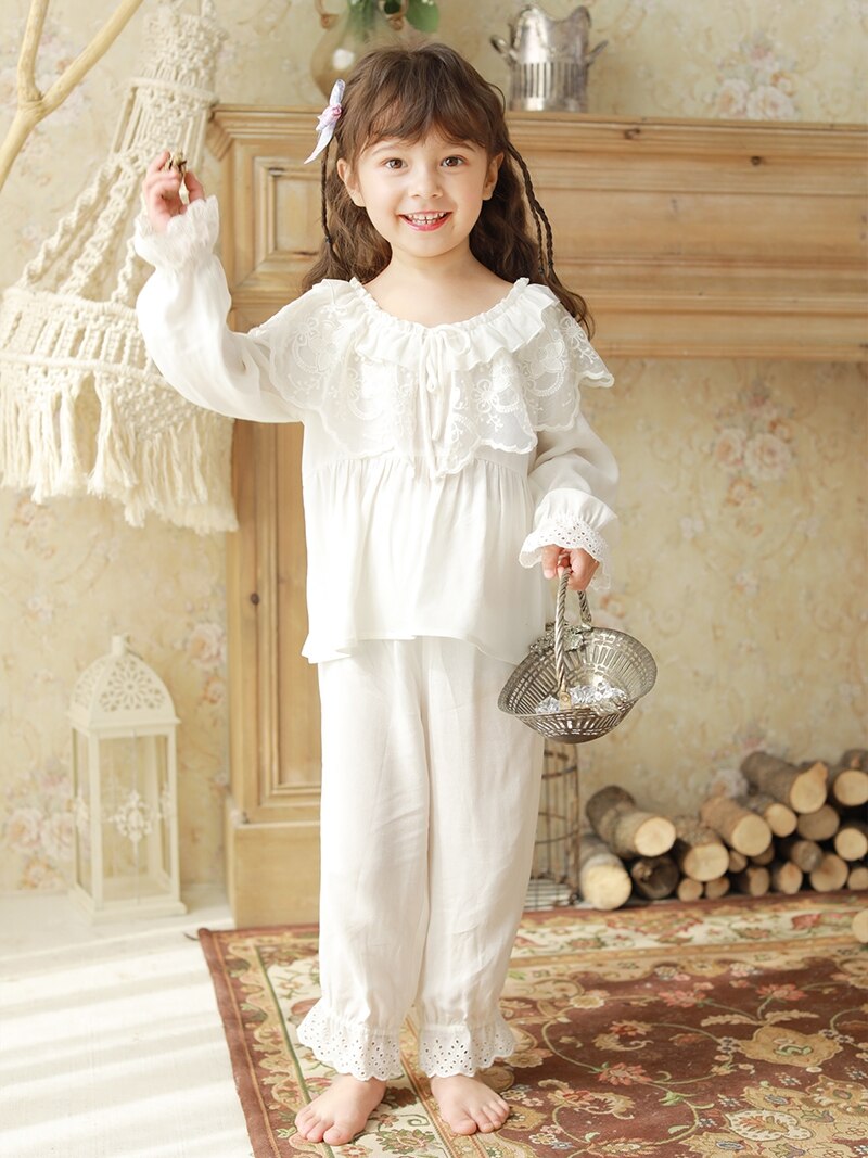 Set pigiami in pizzo ricamato Lolita per bambina. Top + pantaloni stile reale. set pigiami in pizzo per bambini Vintage per bambini.: XS Height 85-95cm