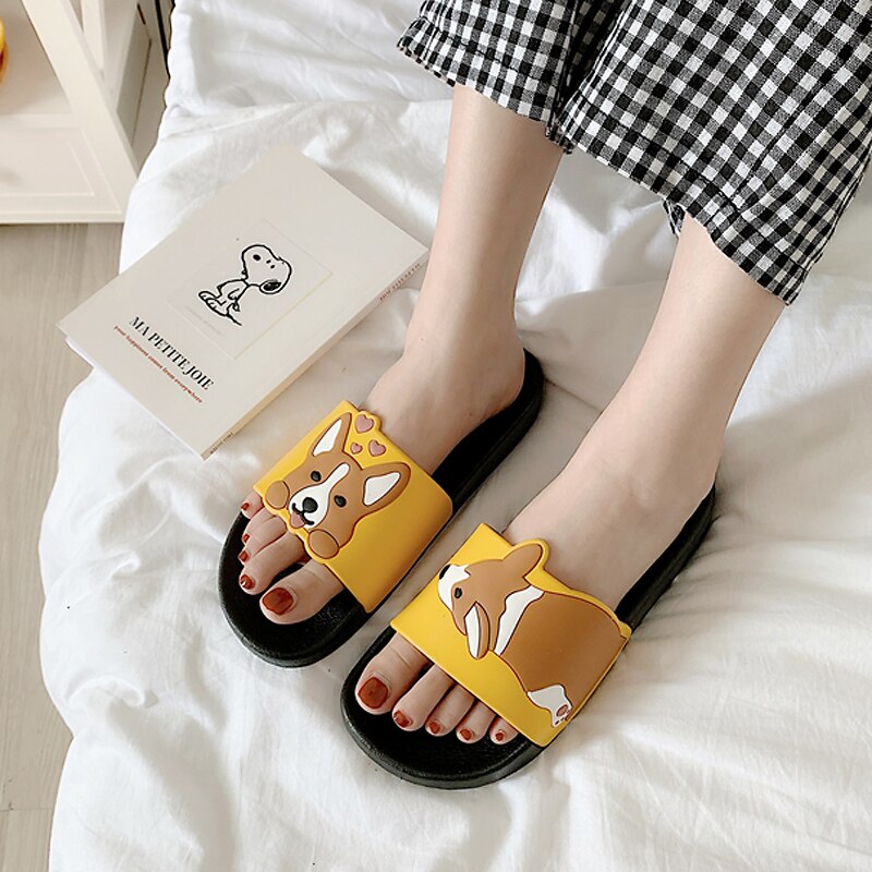 Casual Women Summer Slippers Slide Sandals Beach Slides Flip Flops Cartoon Dog Corgi Non-slip Thick Sole Women Girls Flat Shoes