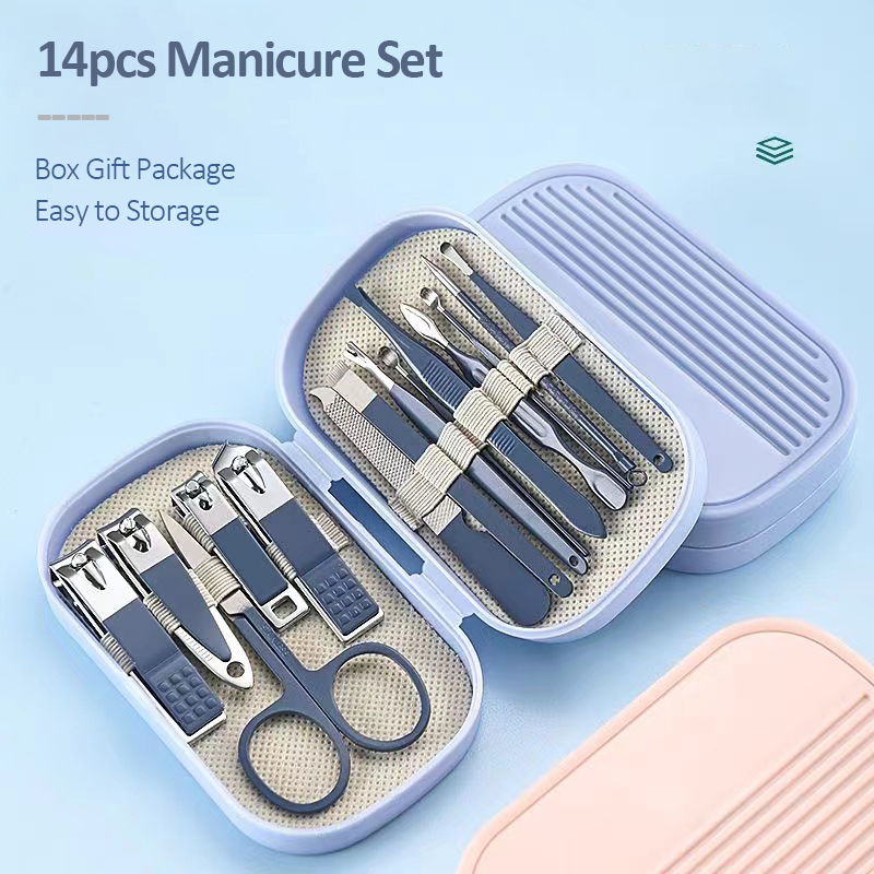 Juego de manicura y pedicura de lujo, tijeras de uñas de acero inoxidable rosa y azul, cortauñas, cuchara para excavación de orejas para hombres y mujeres, 14 piezas