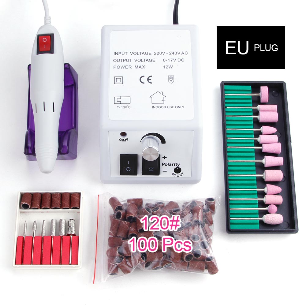 Electric Machine Apparatus for Manicure Pedicure Nail Tools 12Pcs Quartz Nail Drill Bits Nail Tools 100Pcs Sanding Bands EU Plug: 10