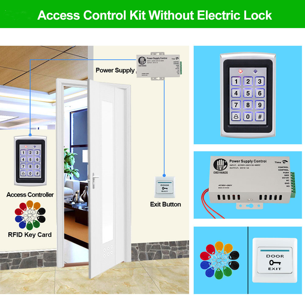 Full Waterproof Outdoor Access Control Kit Set RFID Metal Keyboard + DC12V Power Supply Controller + 10pcs 125KHz RFID Keyfobs