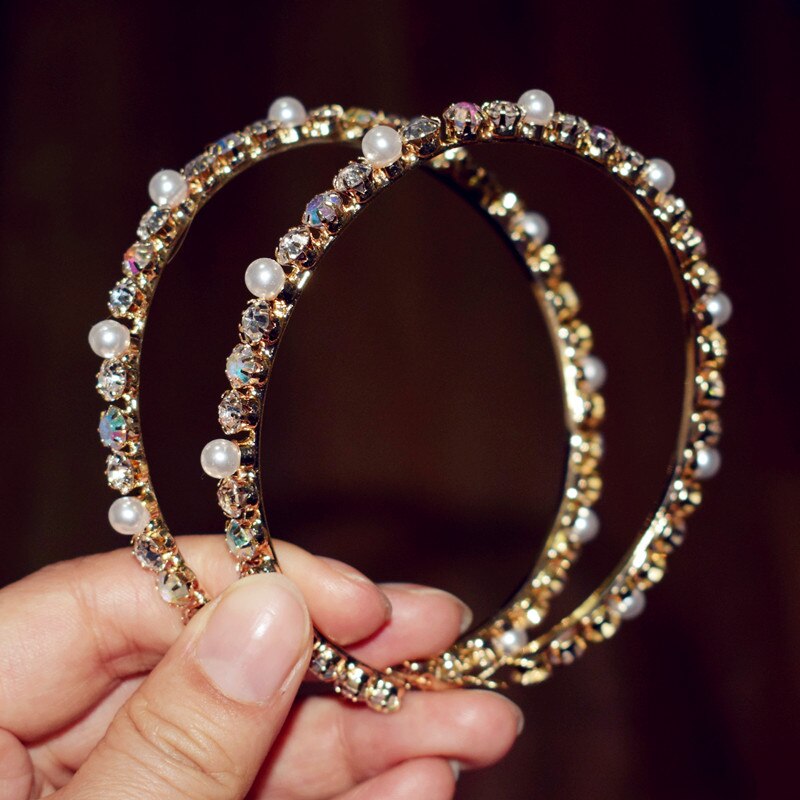 Glass Rhinestone With Pearls Hoop Earrings For Women Jewelry Maxi Lady Statement Earrings Accessories: gold-8cm