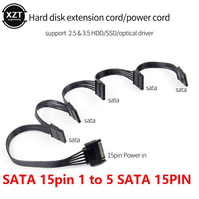 Nowy rozdzielacz zasilania dysku twardego SATA 15Pin M 1 do 5 SATA 15Pin F do samodzielnego montażu komputera PC 15-pinowy zasilacz 60CM: czarny