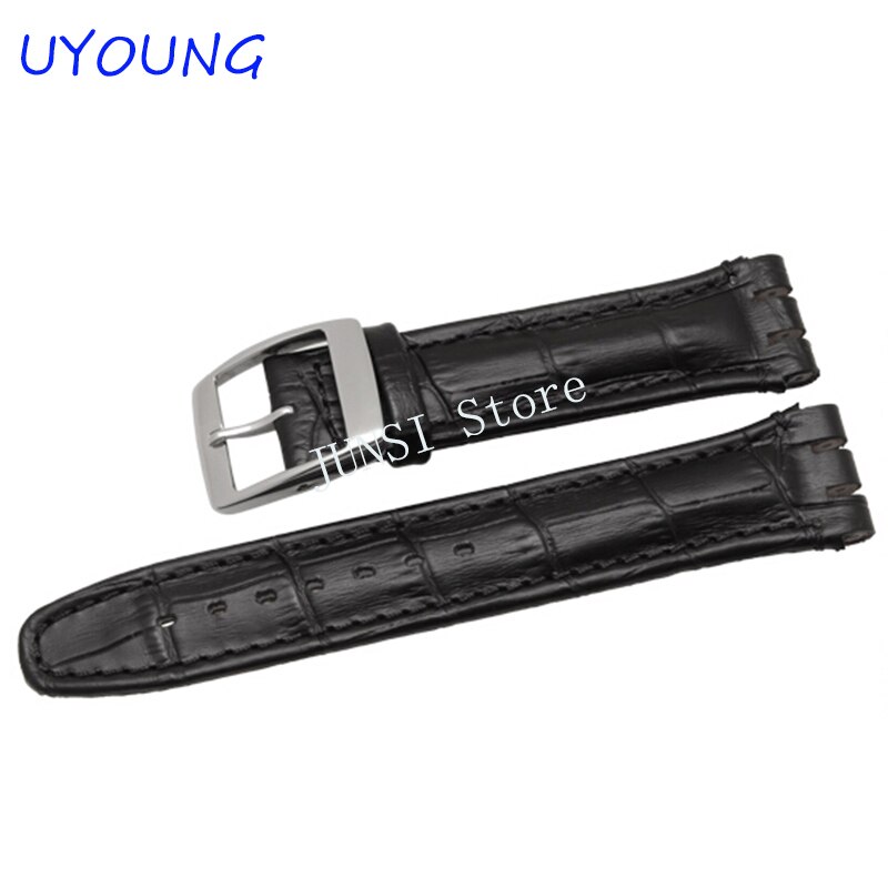Bracelet de montre en cuir véritable étanche, noir marron, 17mm, 19mm, pour montre Swatch Alligator