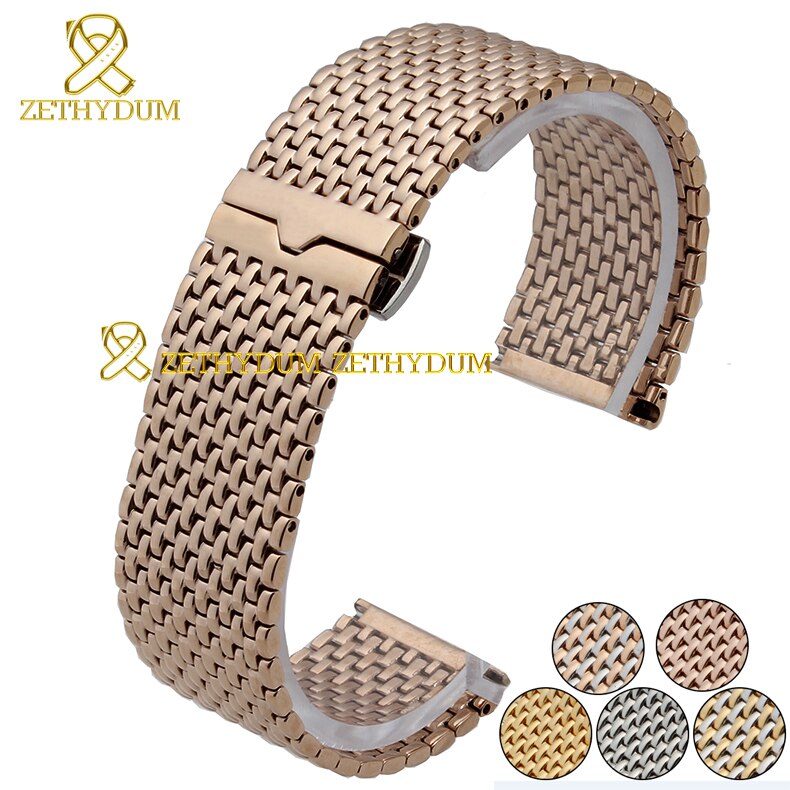 Fino sólido aço inoxidável pulseira assista bracelete banda de metal relógios de pulso em ouro rosa pulseira de prata cinto butterfly clasp 22mm