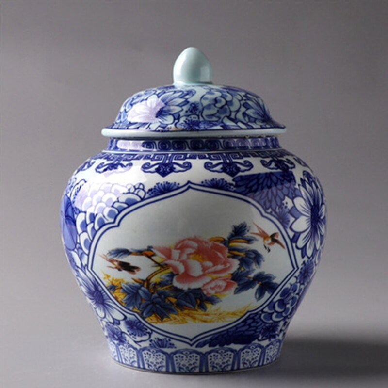 Chinese gemberpot met deksel Chinoiserie antieke stijl, Home decoratieve retro blauw en wit porselein bloemen keramische overdekte pot vaas, traditionele China Ming en Qing stijl (takken Jar