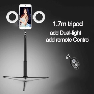 1.7m Extendable live Tripod Selfie Stick Support LED Ring Dual light mirror Stand Ring Light Phone Mount for iPhone 11 X Android: Black