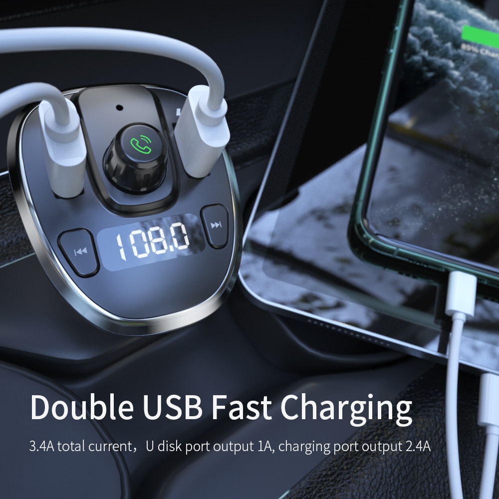 Essager Usb Car Charger Bluetooth 5.0 Handsfree Car Kit Fm-zender MP3 U Disk Tf Card Speler Mobiele Telefoon Oplader voor Auto