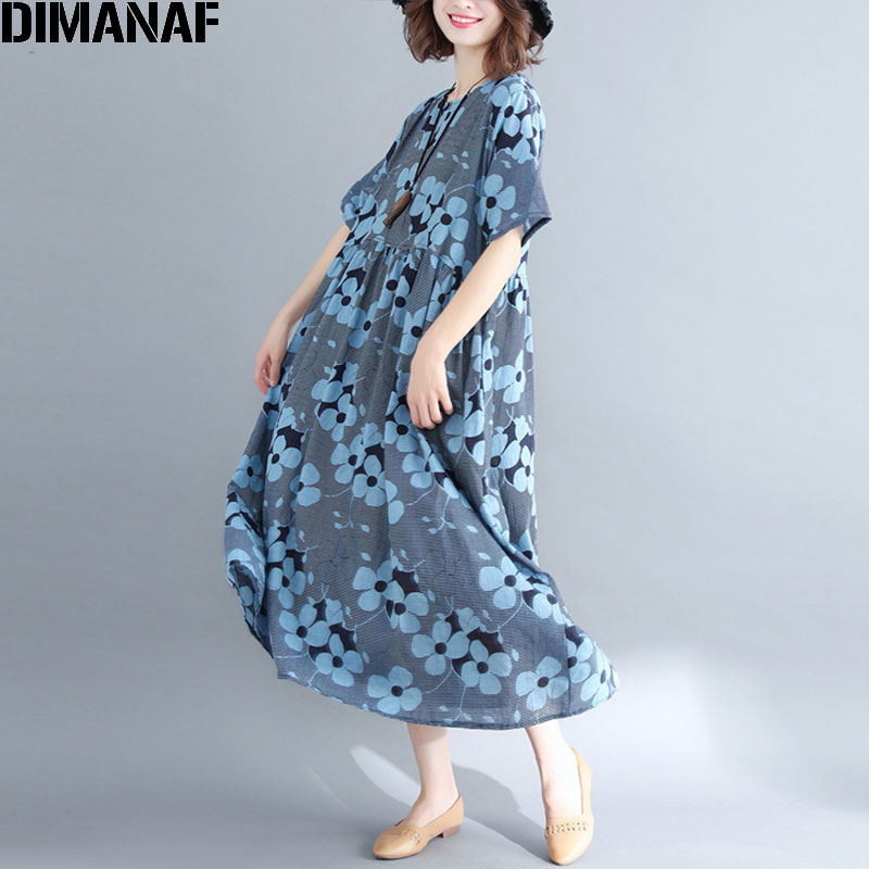 DIMANAF-vestido de lino de talla grande Vintage para mujer, vestido holgado de talla grande, azul, para playa y vacaciones de verano,