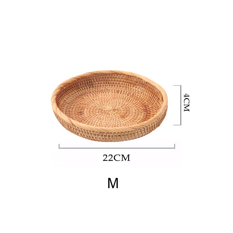 Rattan Storage Tray Handwoven Round Wicker Basket Bread Food Plate Fruit Cake Platter Dinner Serving Box Kitchen Decoration Item: M basket