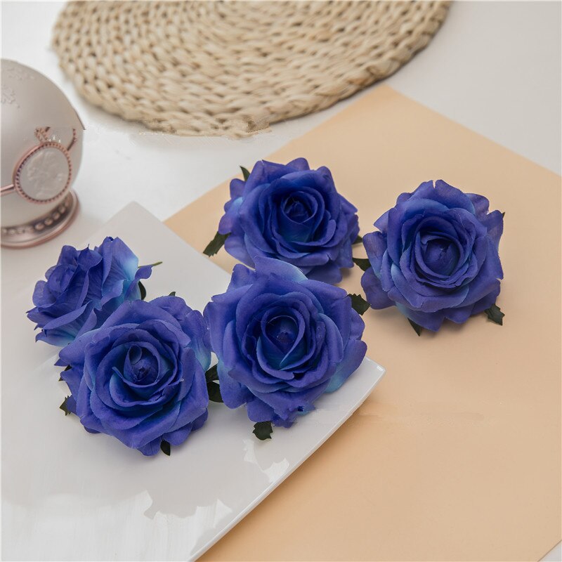 5 adet/grup yapay gül çiçek başları parti duvar dekor flores düğün kemer DIY dekorasyon malzemeleri ipek gül el sanatları çelenk: Blue