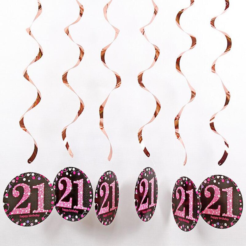 6pcs/set PVC Spiral Happy Birthday Swirl 18 21 30 40 50 60 70 Years Old Hanging Birthday Party Decorations Colored Ribbon: 21-pink