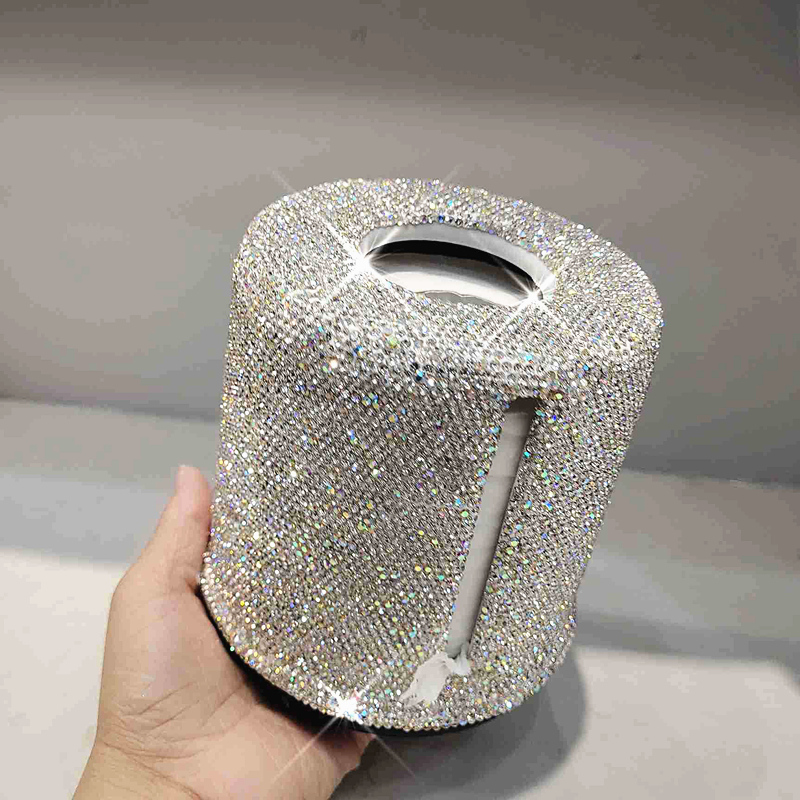 Rhinestone Cylinder Tissue Box Circular Pumping Case Office Living Room Bedroom Toilet Roll Paper Tube Bucket Holder Storage: white