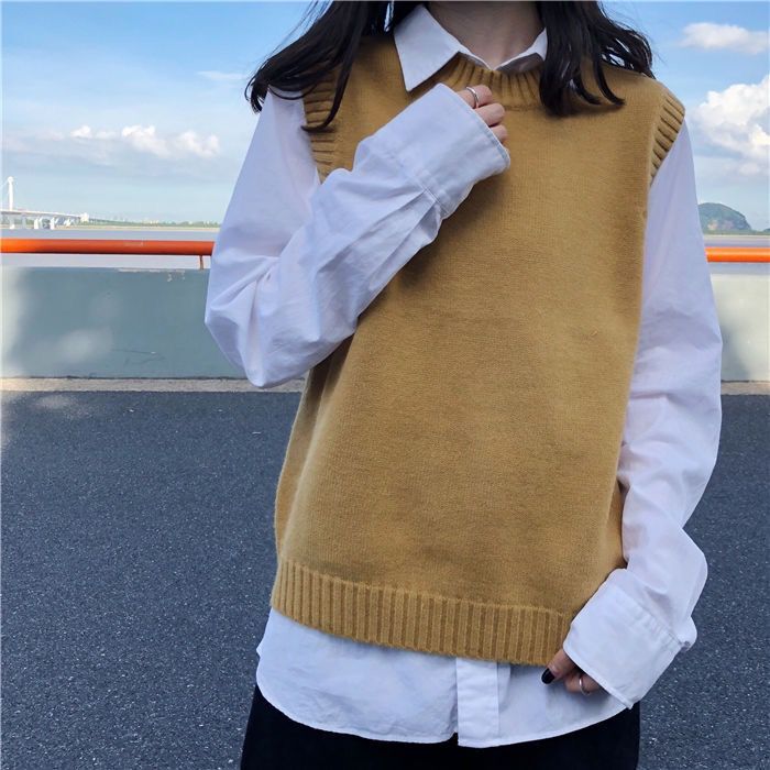 Casual Tank Tops mujer otoño estilo pijo Coreano Casual suelto cuello redondo suéter chaleco sin mangas chaleco Pullover T502