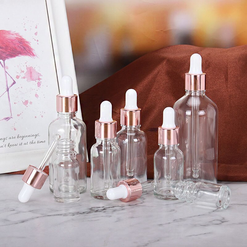5-100ml rør gjennomsiktig dropper glass aromaterapi væske for essensiell massasje olje pipette etterfyllbare flasker rosa gull deksel