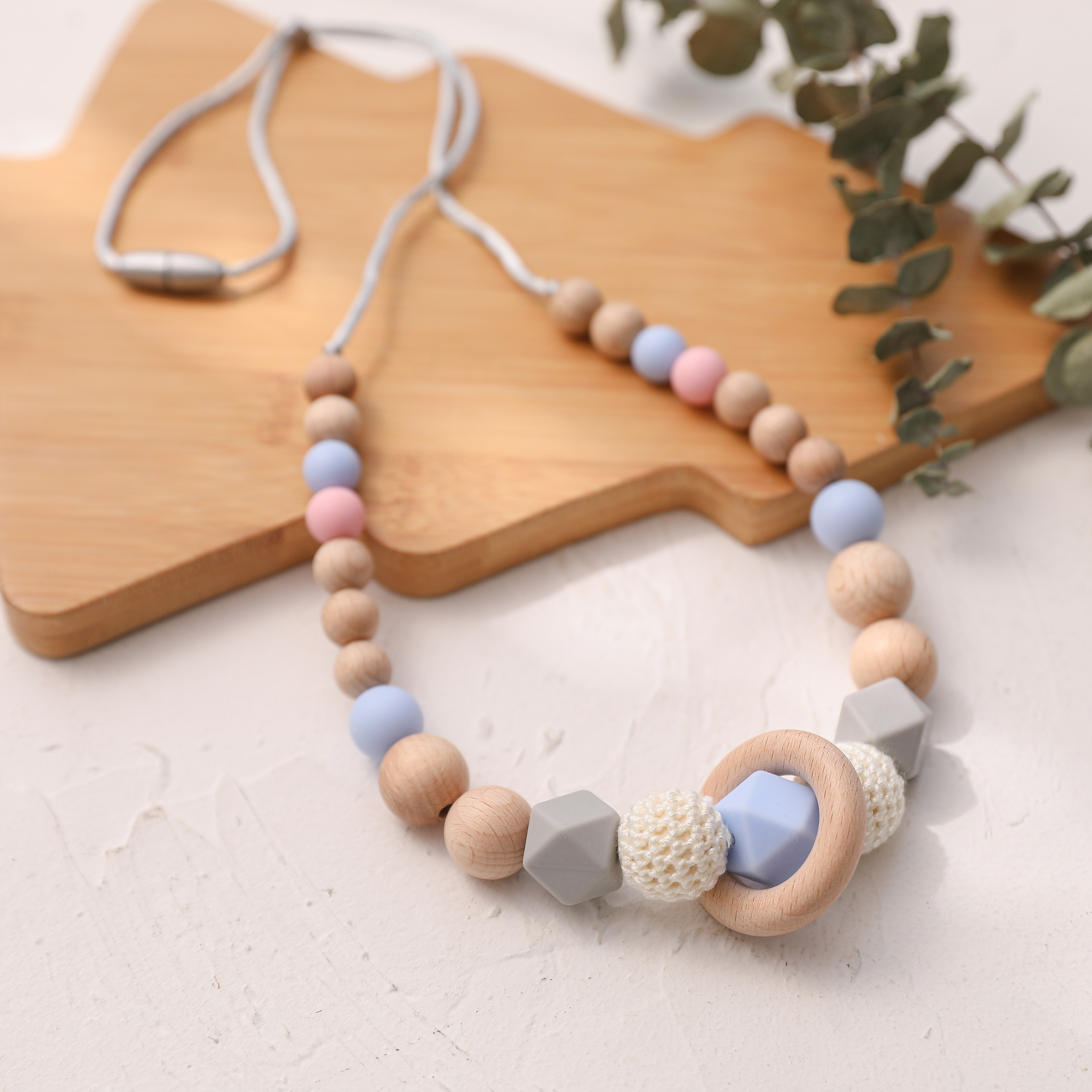 1 Pcs Food Grade Silicone Baby Bijtring Ketting Beuken Houten 40Mm Siliconen Kralen Lange Ketting Verpleging Speelgoed Training Baby chew Toy