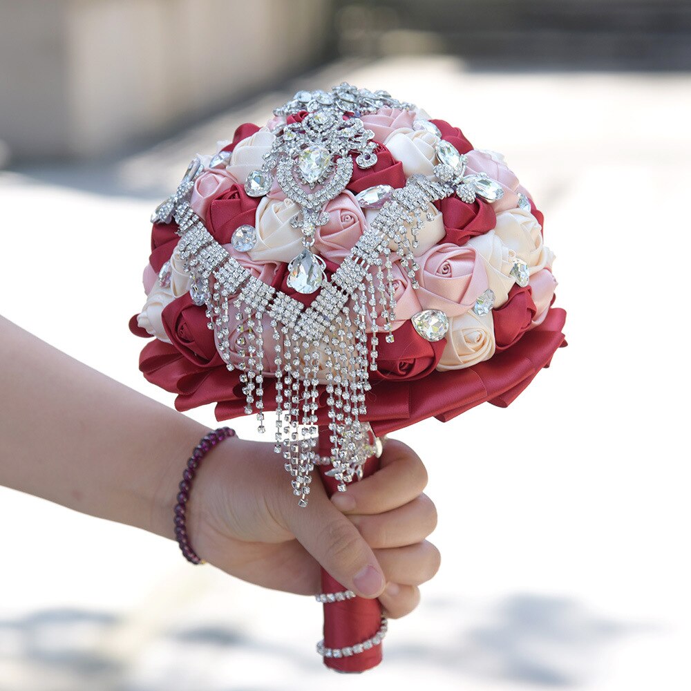 Tassel Diamond Wedding Bouquet White Ivory Pink Burgundy Crystal Silk Rose Wedding Flowers Bouquet De Mariage Bridal Bouquets