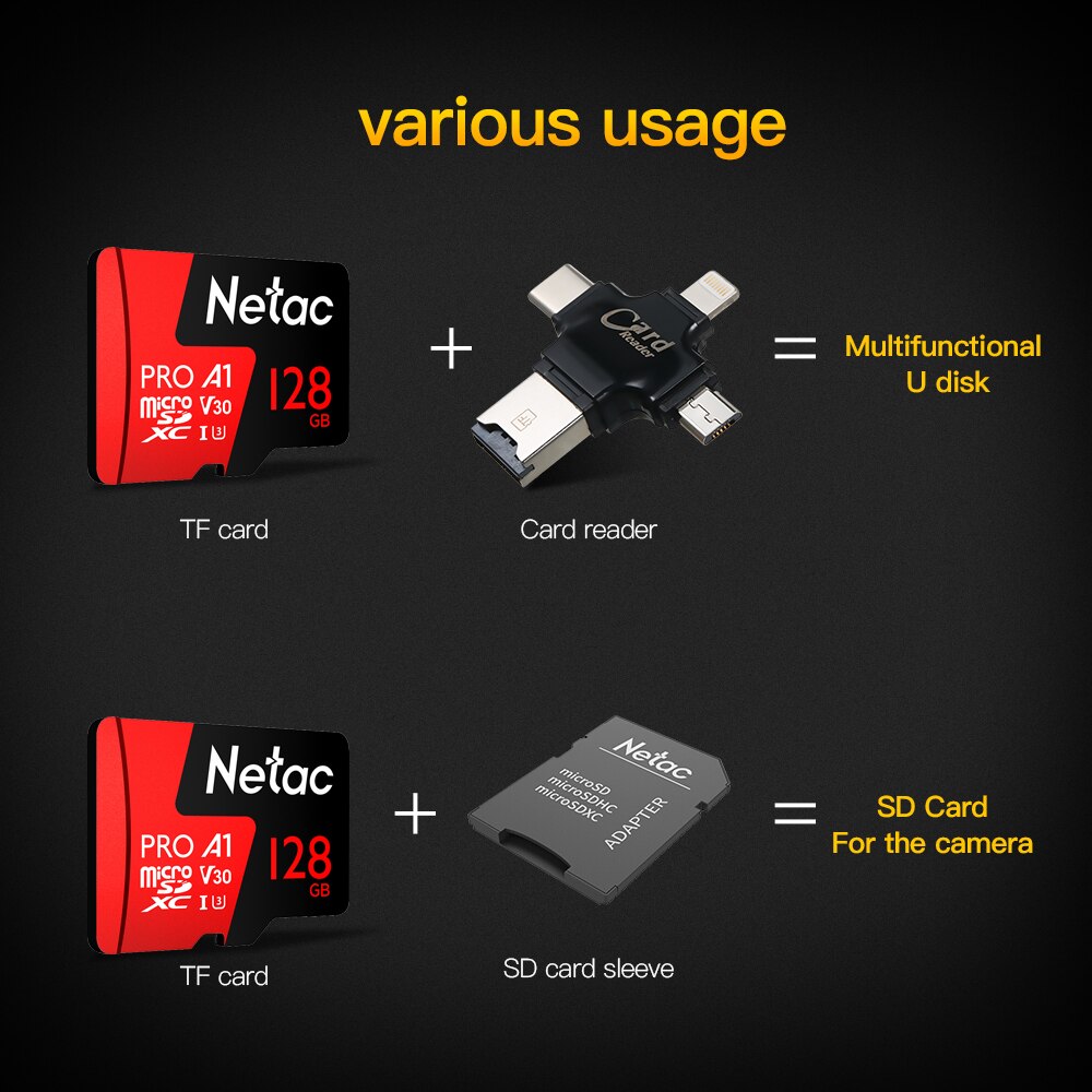 Netac  p500 pro 64gb micro sd-kort 128gb tf-kort  u3 v30 computer videokort op  to 100mb/s 256gb hukommelseskort til smartphone drone