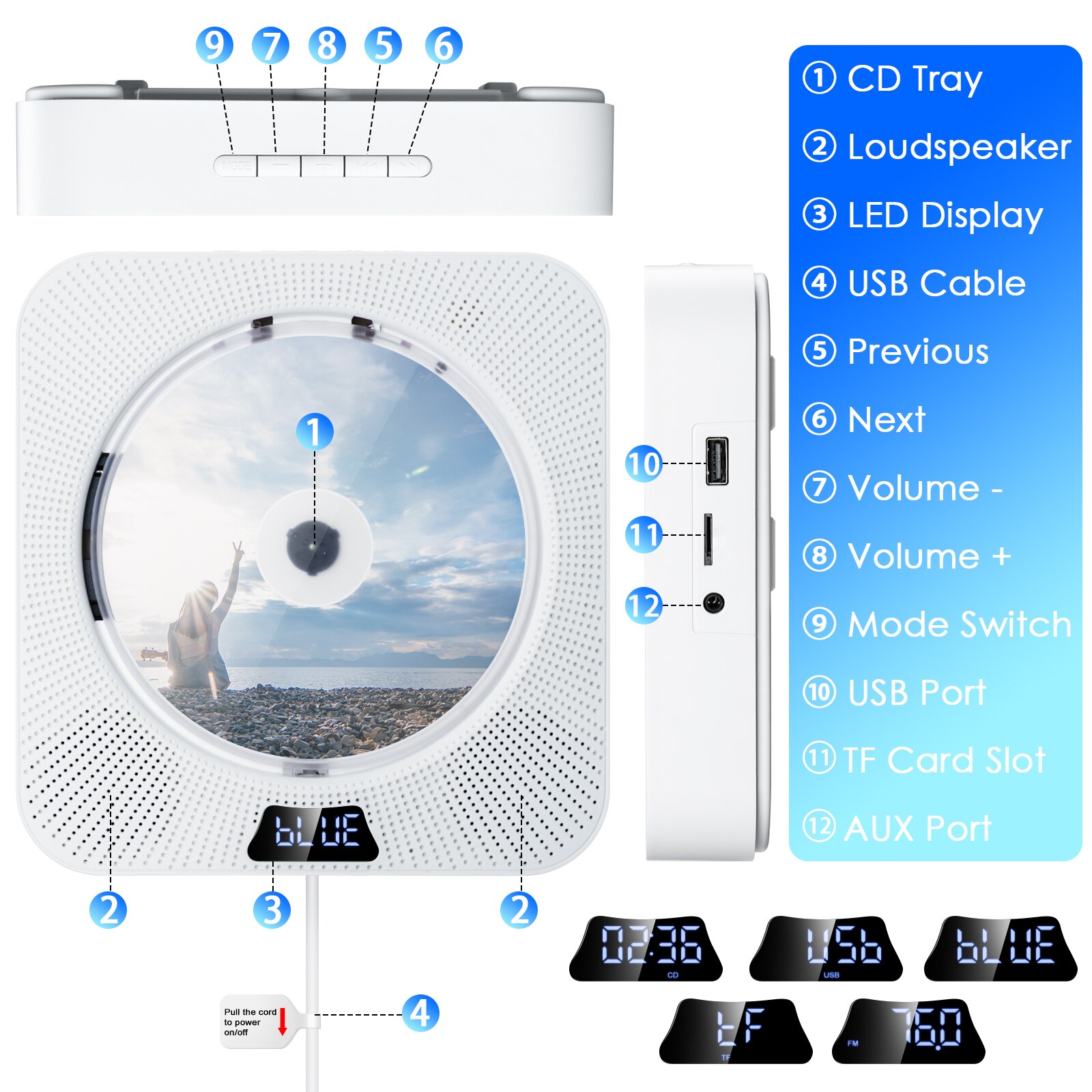 Wall Mountable CD Player With Bluetooth Remote Control Home Stereo FM Radio HiFi Built-in 2 Loudspeakers Boombox Lecteur CD