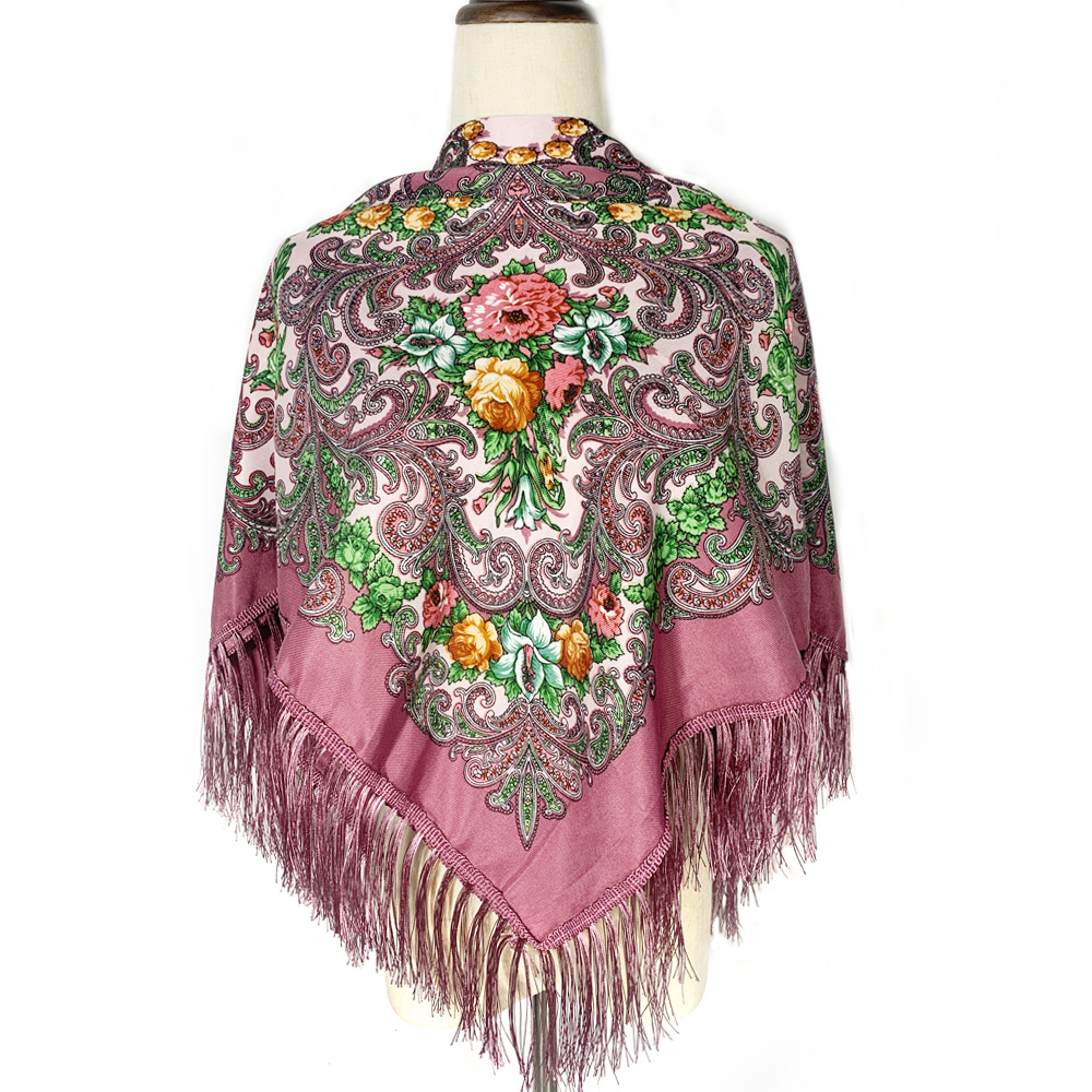 Bufanda rusa de 115x115cm para mujer, Bandana cuadrada con estampado Floral de lujo, chal con flecos ucranianos, pañuelo Babushka, envolturas para la cabeza: Rosa