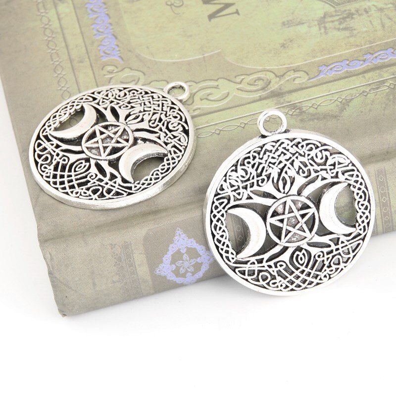 Pendentif d&#39;arbre magique pentagramme Wicca, couleur argent, 38.5x34mm, accessoires de bijouterie artisanaux, 10 pièces