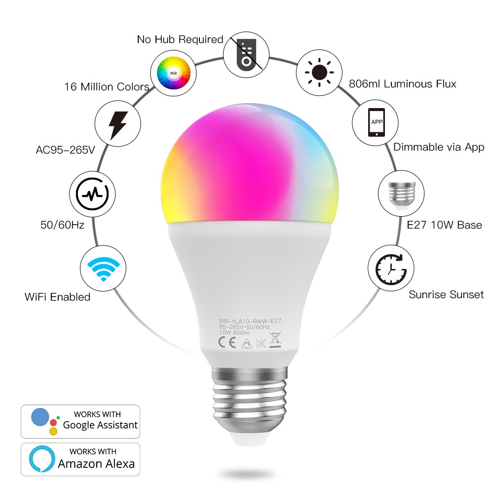 WiFi Smart LED Dimmable Lamp 10W,RGB C+W ,Smart Life Tuya App Remote Control Work with Alexa Echo Google Home E27
