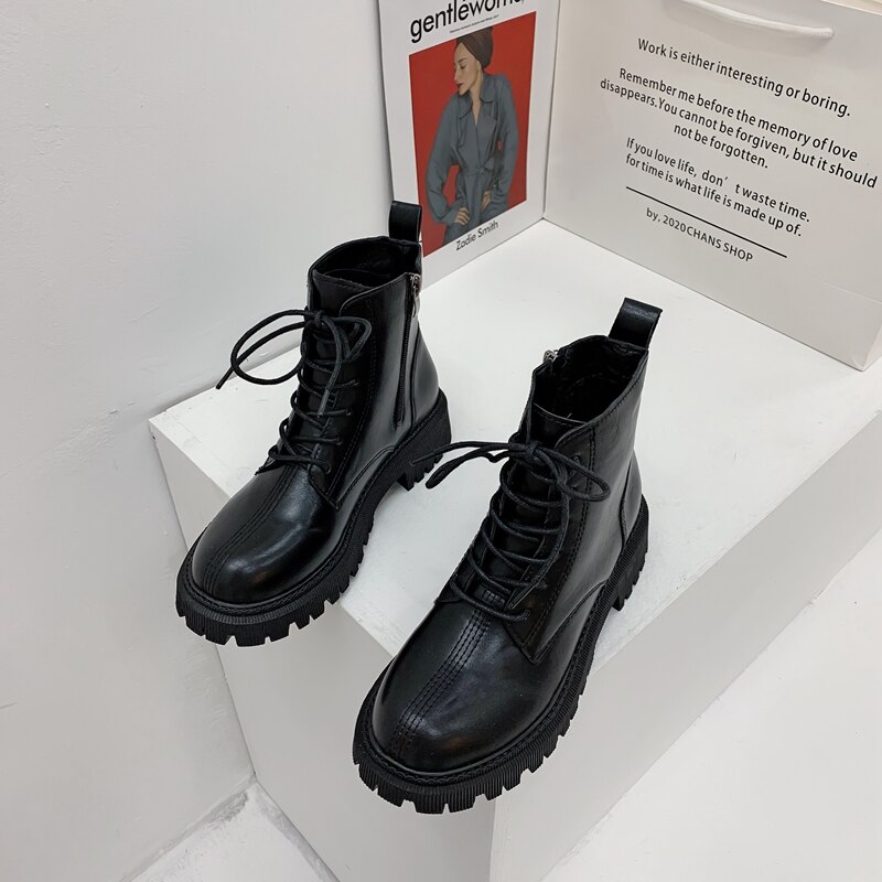 Chunky Martin Laarzen Vrouwen Bruin Warme Pluche Ronde Neus Kant Rits Lederen Lace-Up Britse Stijl Trendy Vrouwelijke enkellaarsjes