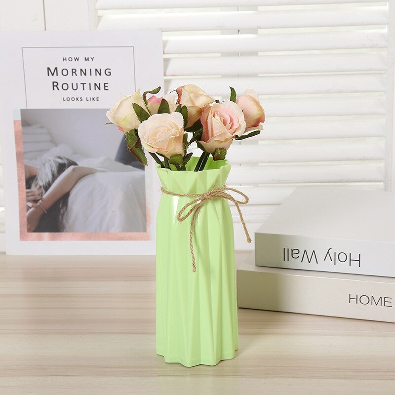 Plastic Vase Home Decoration Accessories Flower Pot Ornaments Simulation Flower Insert Anti-fall European Dry Vase: A-green