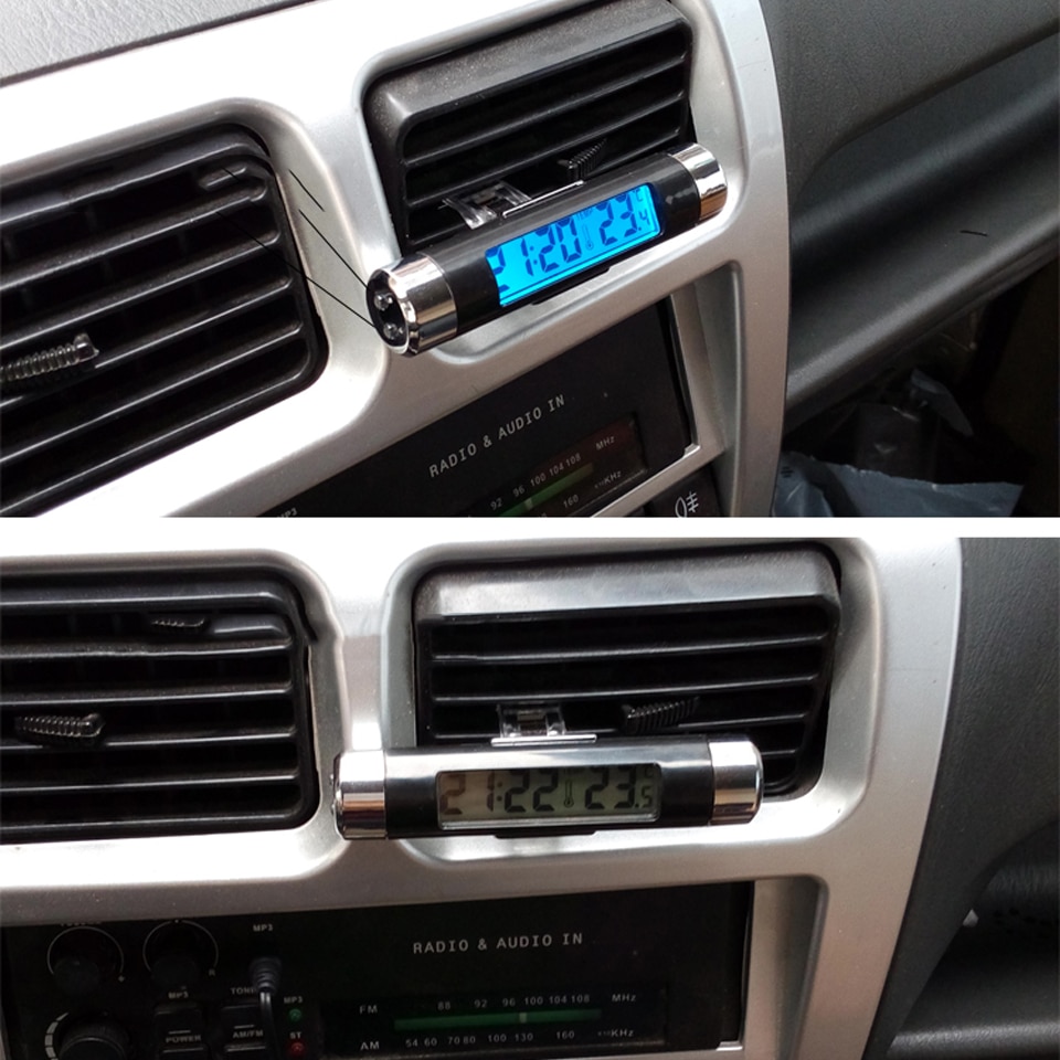 Draagbare 2 In 1 Auto Digitale Lcd Klok En Temperatuur Display Elektronische Klok Thermometer Auto Automotive Blauwe Achtergrondverlichting Met Clip