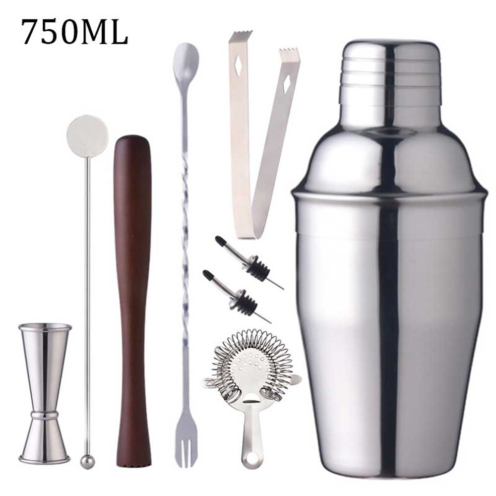Bar Shaker Cocktail Zubehör Barware Boston Trinken Für Bartender Set Jigger Werkzeuge Edelstahl Mixer 550/750ML Holz rack: 750ML 9 Pcs
