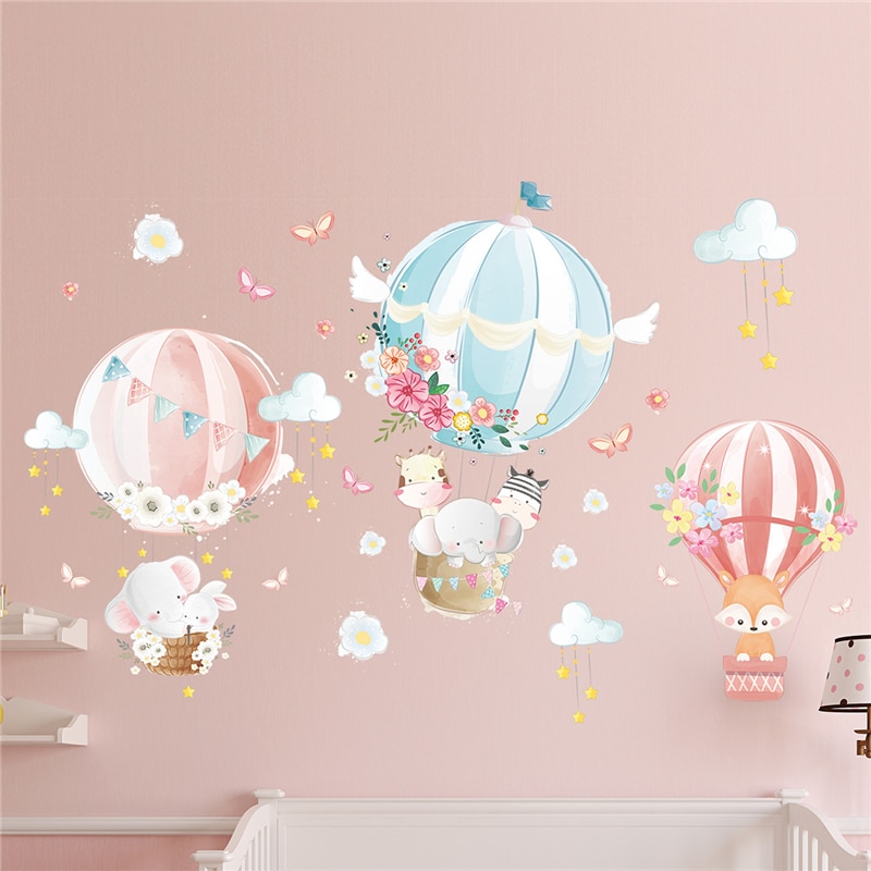 Air Ballon Cartoon Dieren Muurstickers Voor Kinderen Kinderkamer Decor Leuke Olifant Nursery Muurstickers Vinyl Muurstickers