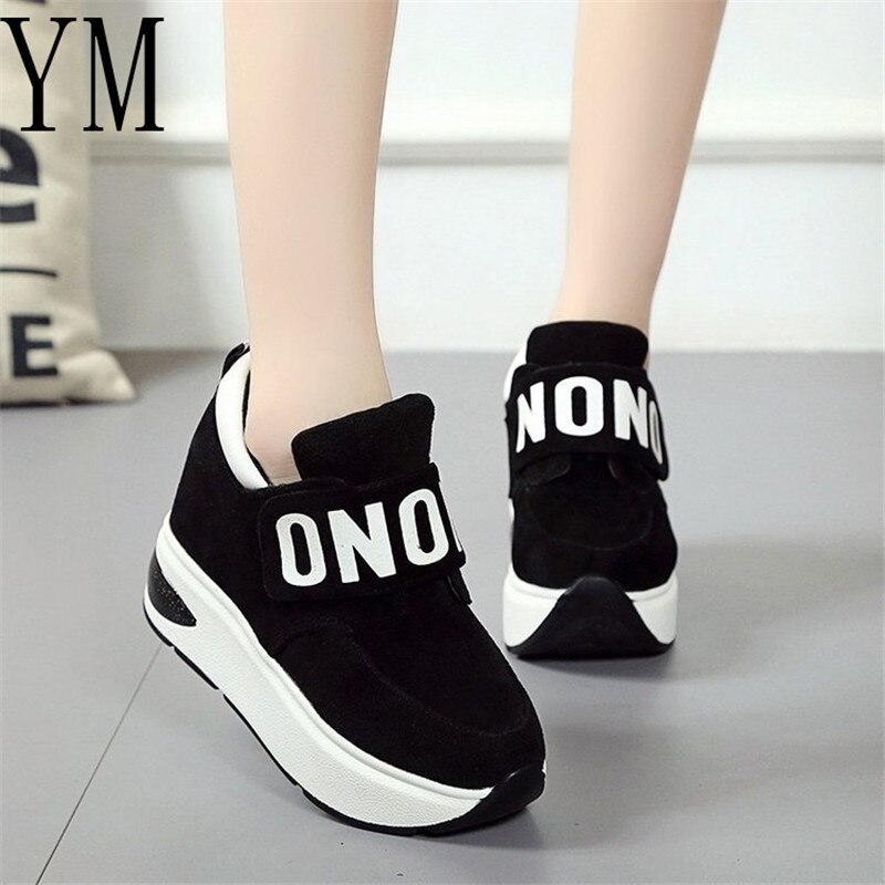 Wiosna jesień zwiększone 8cm płaskie buty na platformie z pętelką na rzepy zwykły słodkie damskie trampki płytkie buty damskie 35-40