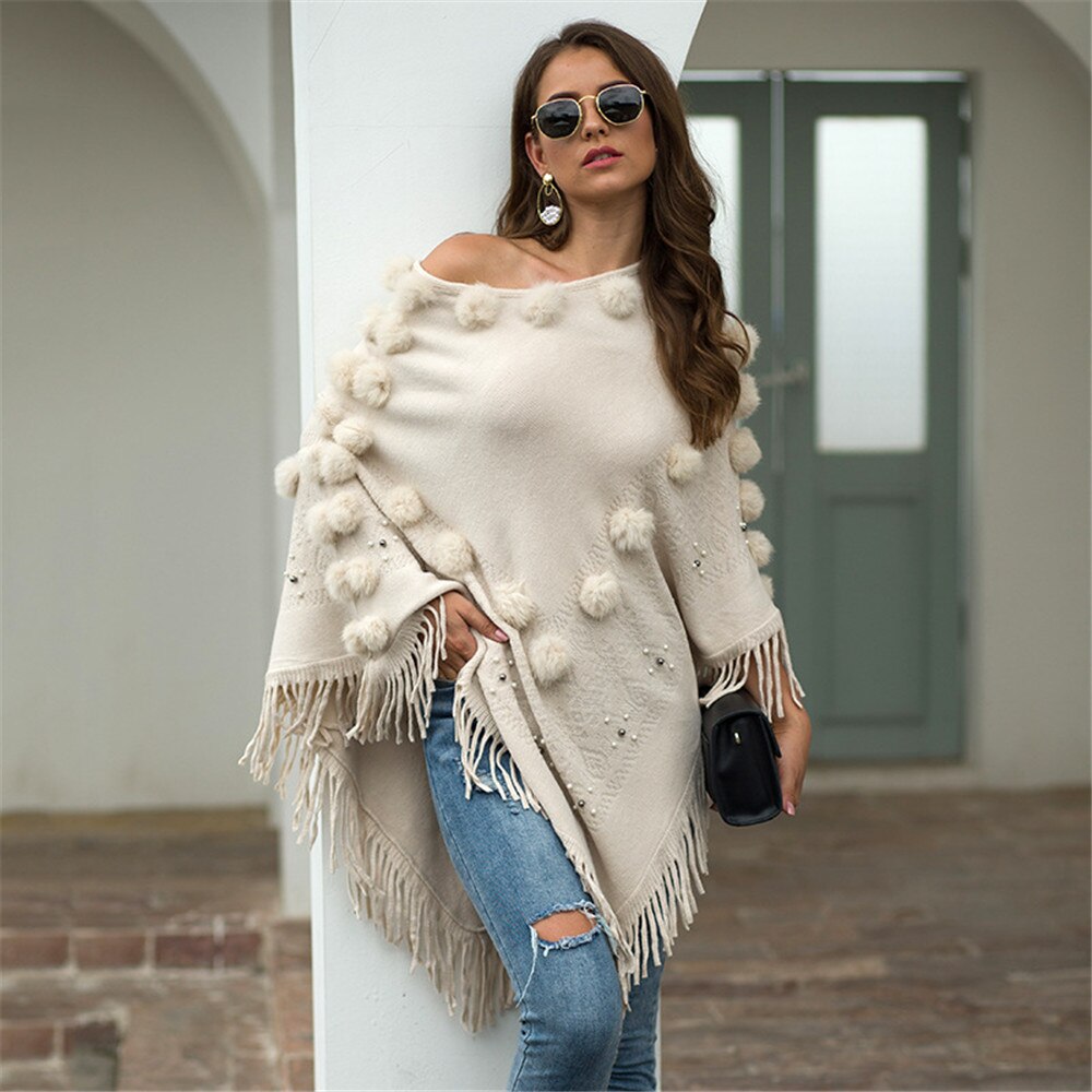 Cape Poncho pour femmes, col rond, avec pompon tricoté, Capes solides, manteau , Cape, châle, automne