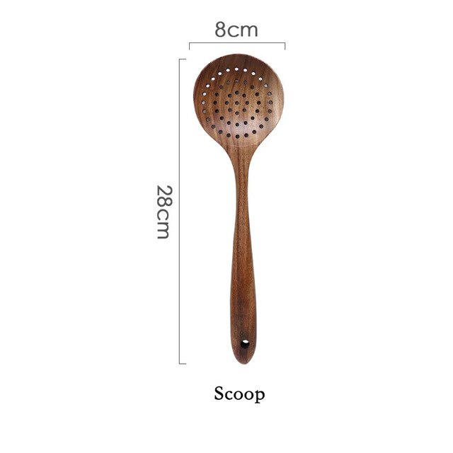 Thailand Teak Natural Wood Tableware Spoon Ladle Turner Long Rice Colander Soup Skimmer Cooking Spoons Scoop Kitchen Tool Set: 05