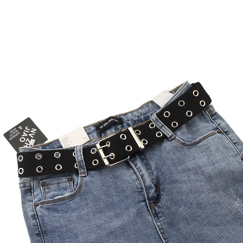Harajuku Wide Canvas Web Double Grommet Hole Buckle Belt Female Male Waist Strap Belts for Women Men Jeans: Black