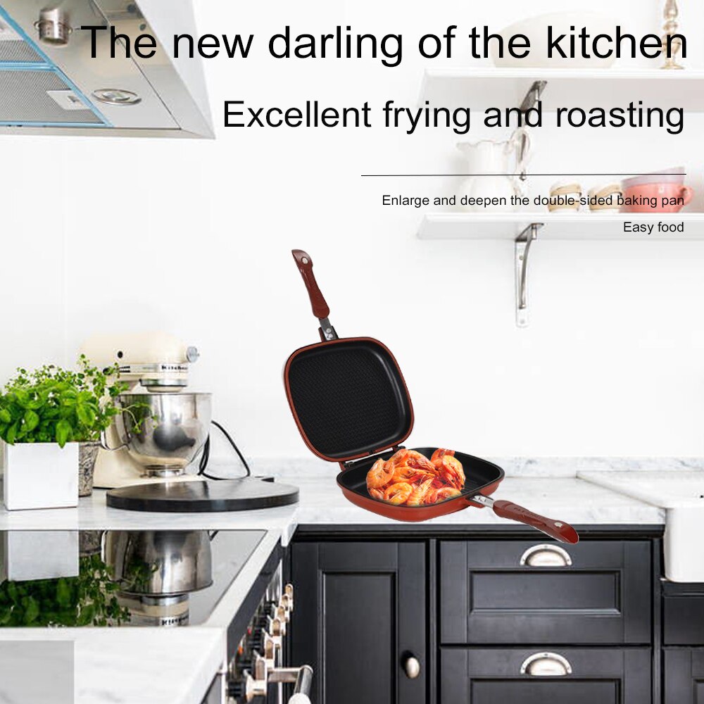 Non-stick Double-sided Frying Pan No Oil Splash Less Smoky Smell Wok Portable Double Sided Steak Frying Pan for Home Kitchen