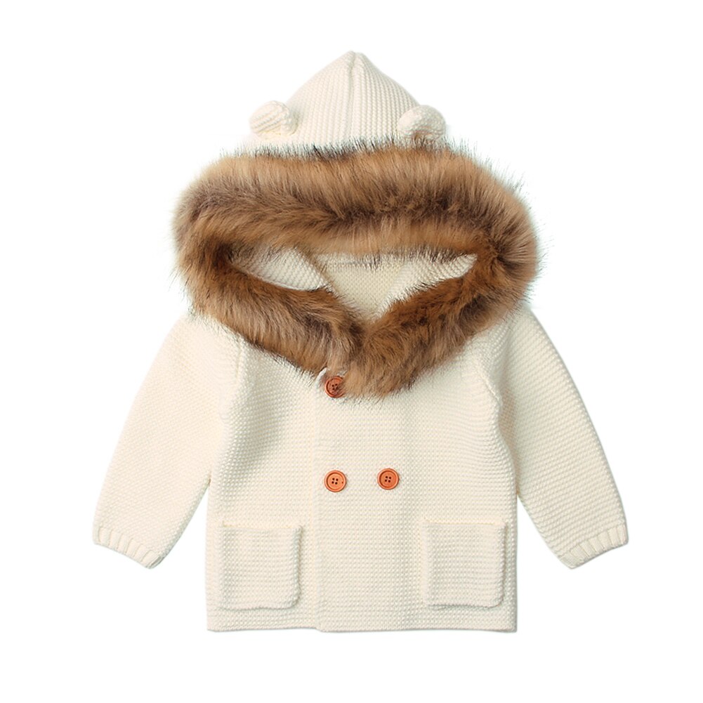 Bébé tricoté manteau mignon à capuche col de fourrure pull à manches longues infantile hauts pour bébé enfants filles garçons: White / 90