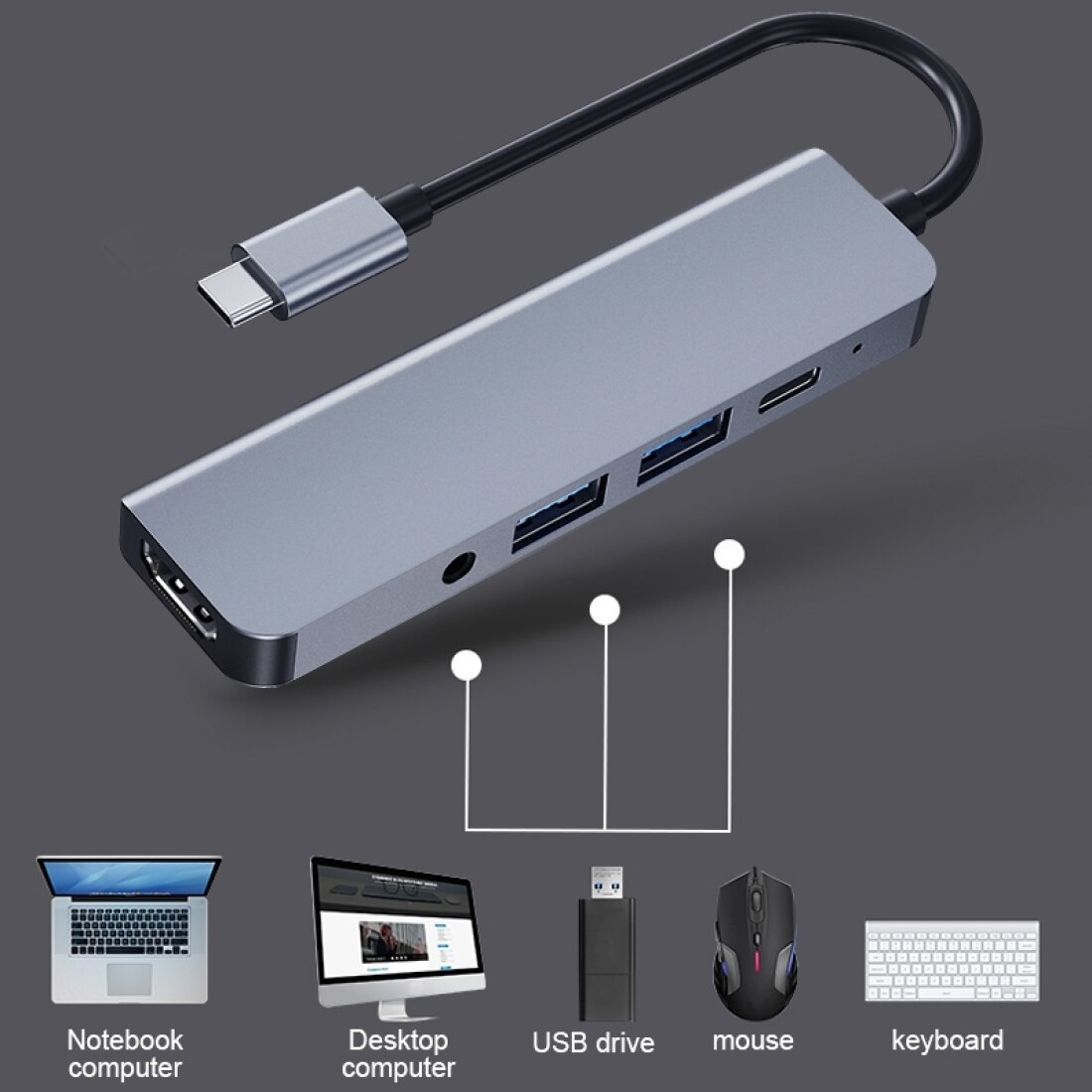 2008N 5 In 1 Usb 3.0X2 + Hdmi + Pd + 3.5Mm Poort Multifunctionele Intelligente type-C/USB-C Hub Docking Station