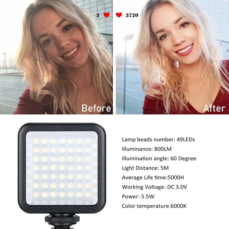 Lumière vidéo LED lumineuse 49 Led caméra éclairage panneau lumineux de caméra Portable à intensité variable pour Canon,Nikon,Sony et autres caméras DLSR
