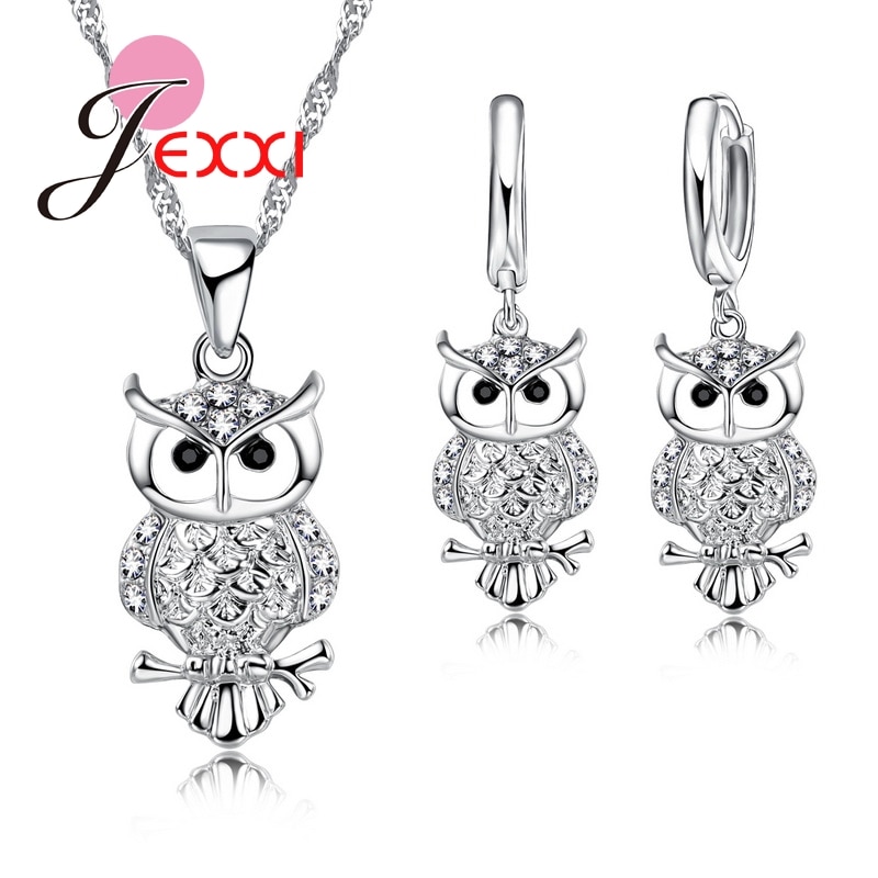 Cartoon Sieraden Set Voor Meisjes Mode Dier 925 Sterling Zilveren Cz Kristallen Oorbellen Neckalce Hanger Set