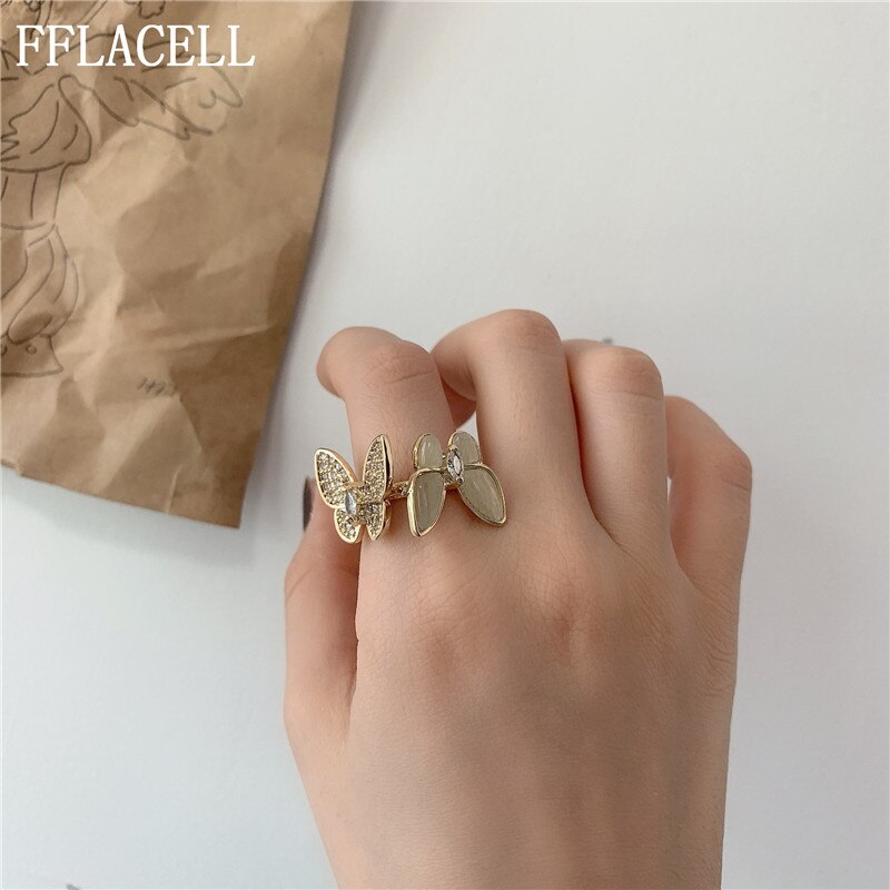 Fflacell Chic Mode-sieraden Opal Shell Rhinestone Parelmoervlinder Vlinder Ringen Opening Verstelbare Oorbellen Choker Ketting