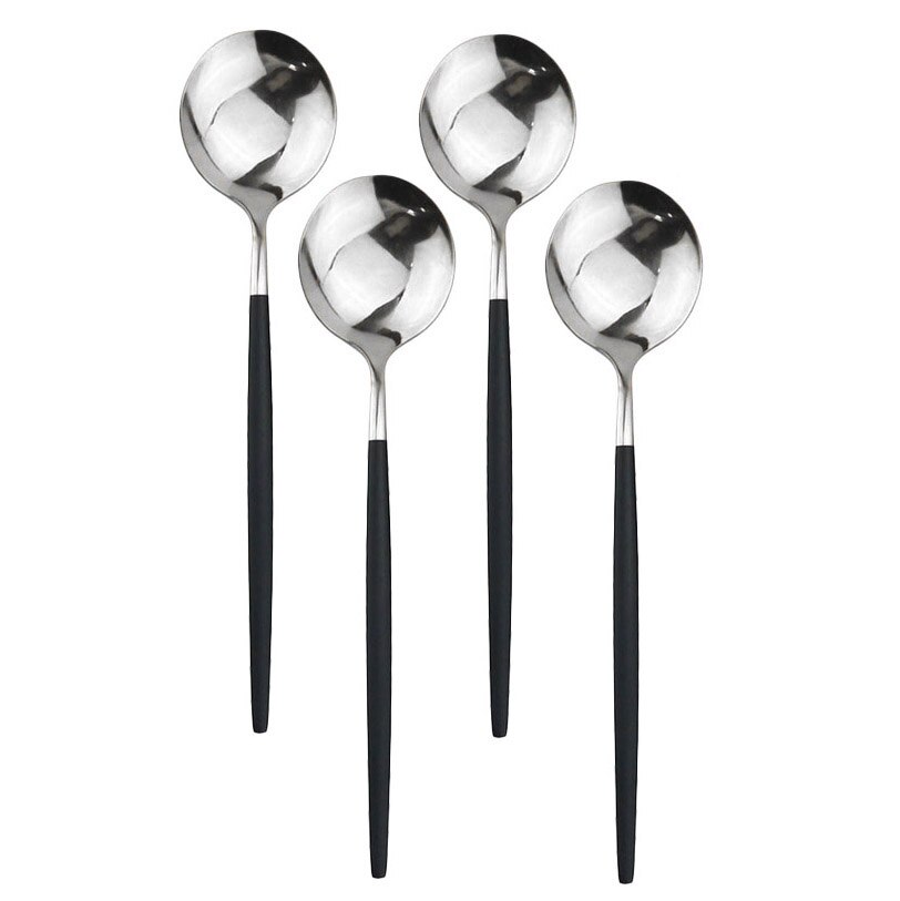 4Pcs Rosa Gold Geschirr Besteck Dessert Löffel Set Lange Griff Spiegel Löffel Besteck Küche Zubehör 304 Edelstahl: Black Silver