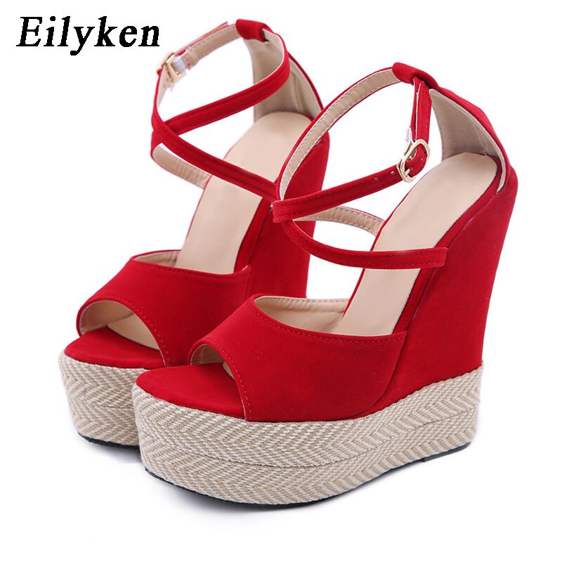 ¡Novedad de ! Sandalias de verano de paja Eilyken para mujer, sandalias de plataforma de mujer, zapatos de tacón alto de rojos, talla 41 42: 39