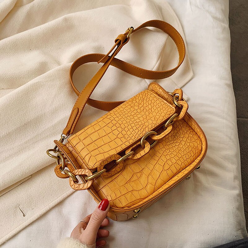 Kleine crossbodytassen met stenen patroon voor dames met ketting en klinknagel, vintage messenger schoudertas, trend voor dames: Geel