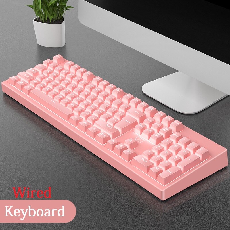 Gaming tastatur og mus 104 tastaturer med hvidt baggrundsbelyst mekanisk følelse tastatur og spilmus til bærbar pc gamer: Lyserød