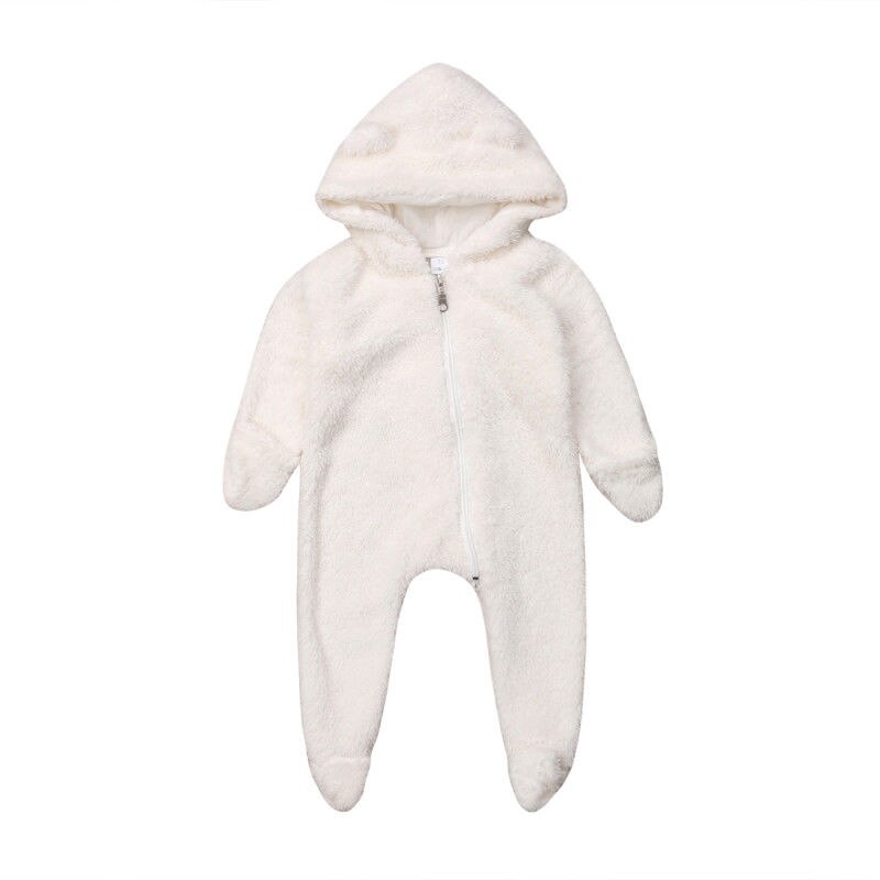 Pudcoco sød stil nyfødt baby pige dreng fuzzy tøj hætteklædte fodtøj jumpsuit 0-24m: Hvid / 6m