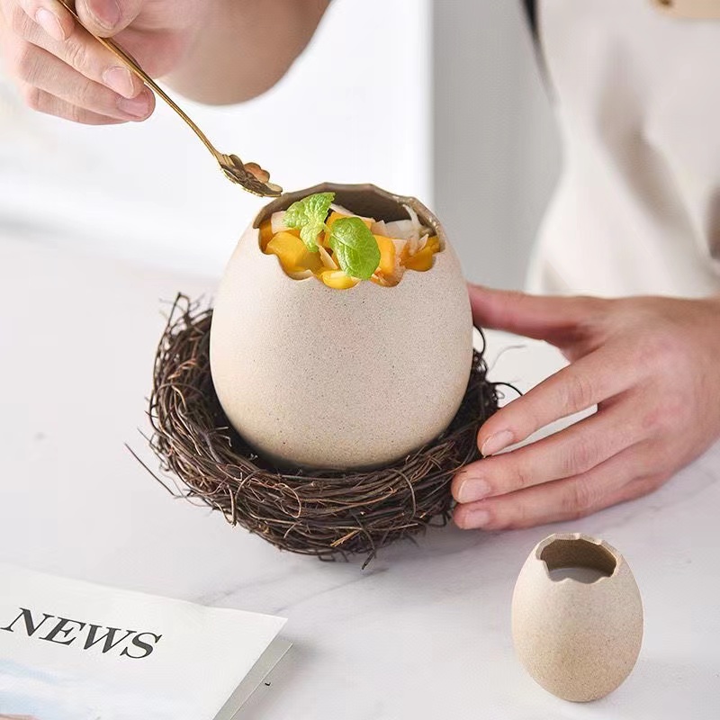 Bird's Nest Broken Eggshell Cup Ceramics Dessert Bowl For Steamed Egg Bowls Restaurant Decor Display
