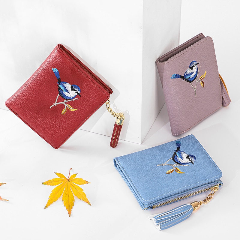 Wallet Women Bird Embroidery Portefeuille Femme Zipper Hasp Short Purse Leather Card Holder Green Blue Pink Black Women Wallets